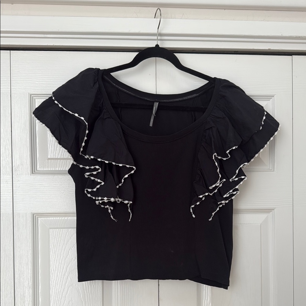 Anthropologie Black Ruffled Cap Sleeve Blouse